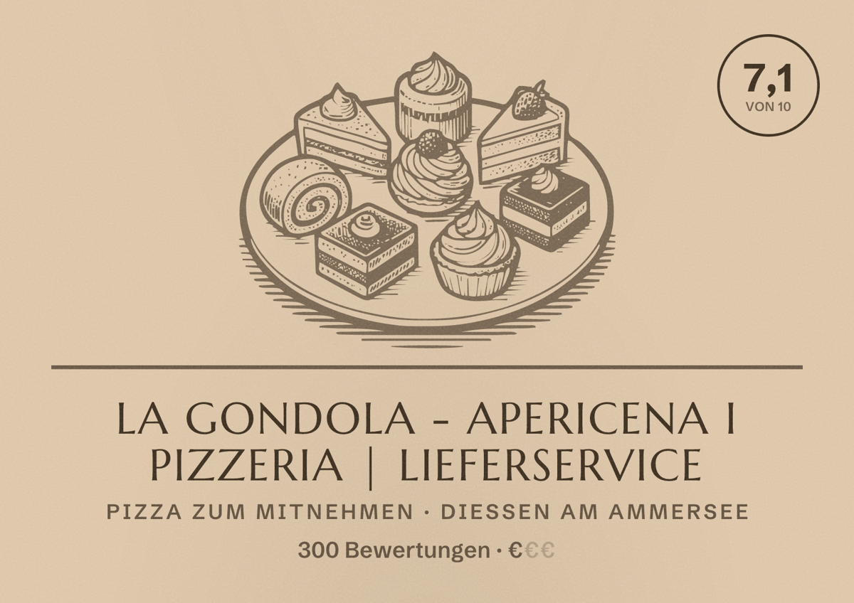 Illustriertes Poster von LA GONDOLA - Apericena I Pizzeria | Lieferservice, Pizza zum Mitnehmen in Dießen am Ammersee: Bewertung 7,1 von 10 aus 300 Bewertungen, Preisniveau €