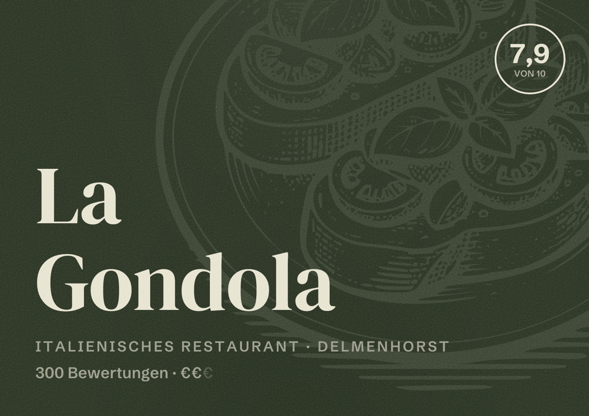 Illustriertes Poster von La Gondola, Italienisches Restaurant in Delmenhorst: Bewertung 7,9 von 10 aus 300 Bewertungen, Preisniveau €€