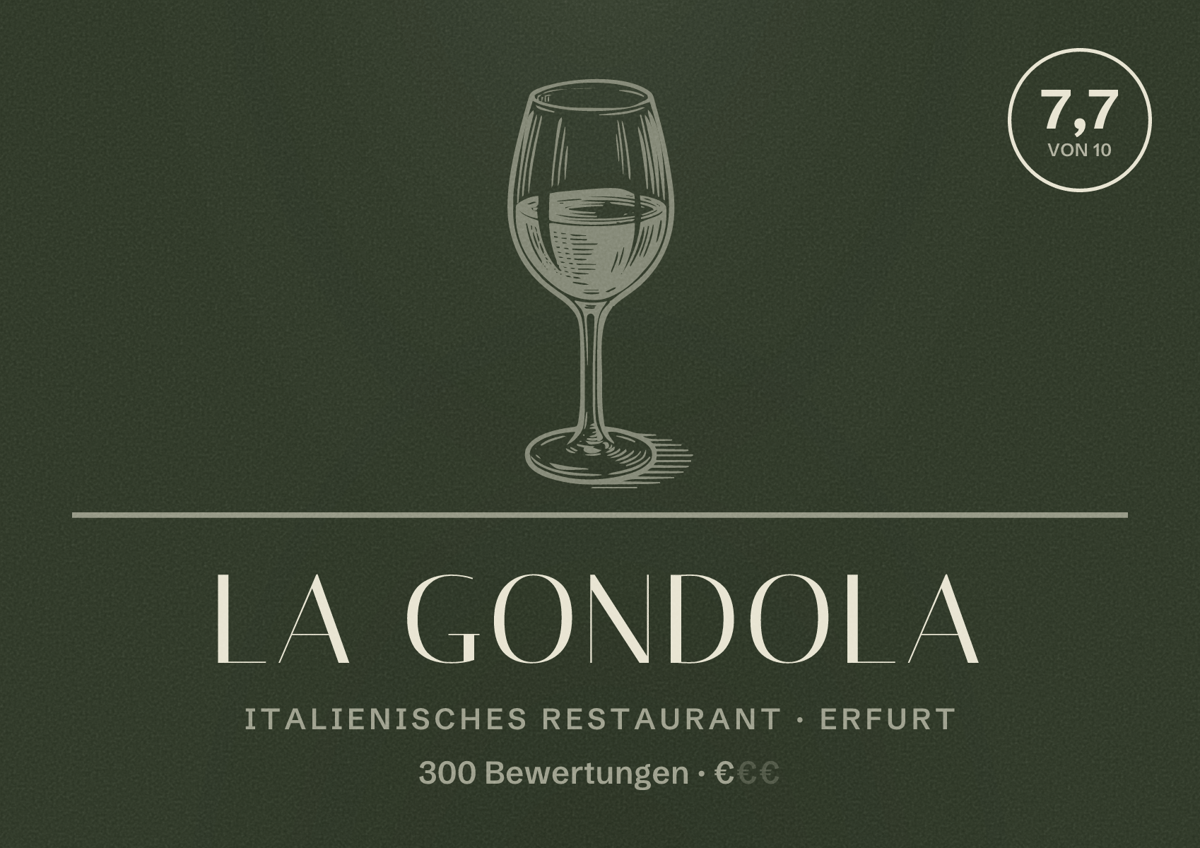 Illustriertes Poster von La Gondola, Italienisches Restaurant in Erfurt: Bewertung 7,7 von 10 aus 300 Bewertungen, Preisniveau €