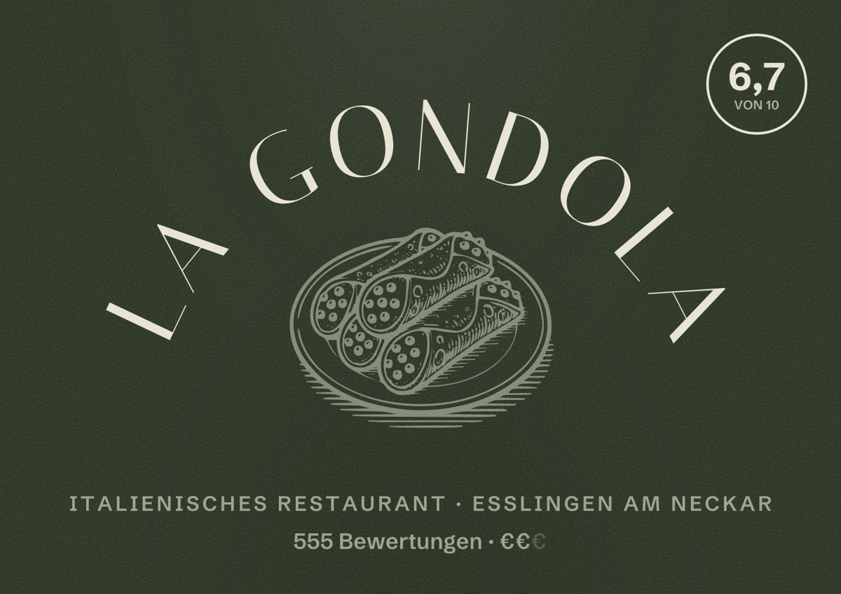 Illustriertes Poster von La Gondola, Italienisches Restaurant in Esslingen am Neckar: Bewertung 6,7 von 10 aus 555 Bewertungen, Preisniveau €€