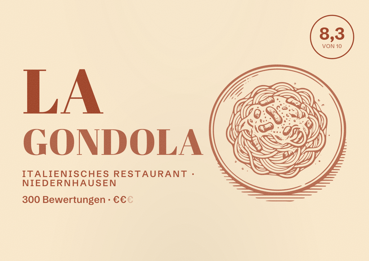 Illustriertes Poster von La Gondola, Italienisches Restaurant in Niedernhausen: Bewertung 8,3 von 10 aus 300 Bewertungen, Preisniveau €€