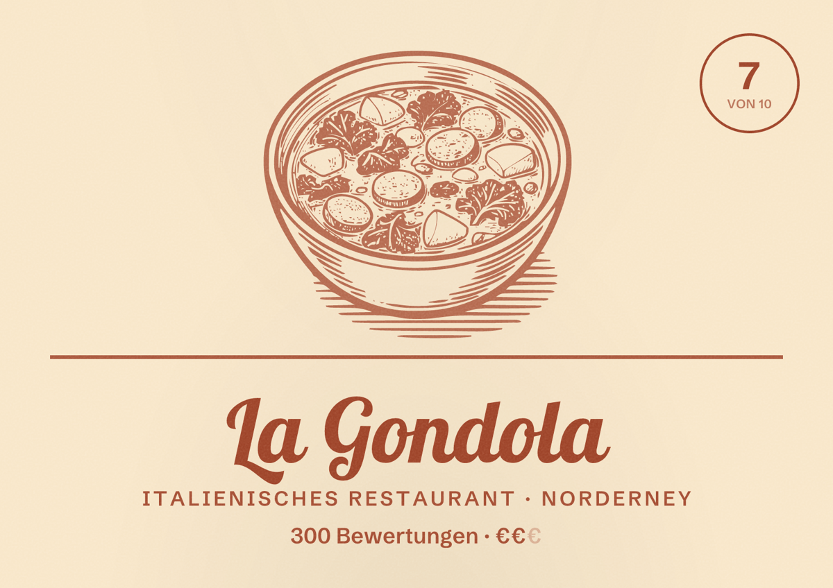 Illustriertes Poster von La Gondola, Italienisches Restaurant in Norderney: Bewertung 7 von 10 aus 300 Bewertungen, Preisniveau €€