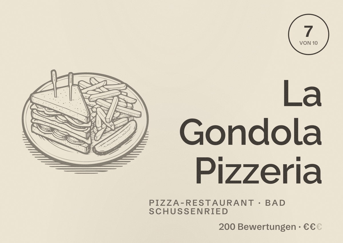Illustriertes Poster von La Gondola Pizzeria, Pizza-Restaurant in Bad Schussenried: Bewertung 7 von 10 aus 200 Bewertungen, Preisniveau €€