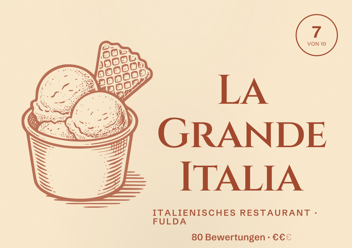 Illustriertes Poster von La Grande Italia, Italienisches Restaurant in Fulda: Bewertung 7 von 10 aus 80 Bewertungen, Preisniveau €€