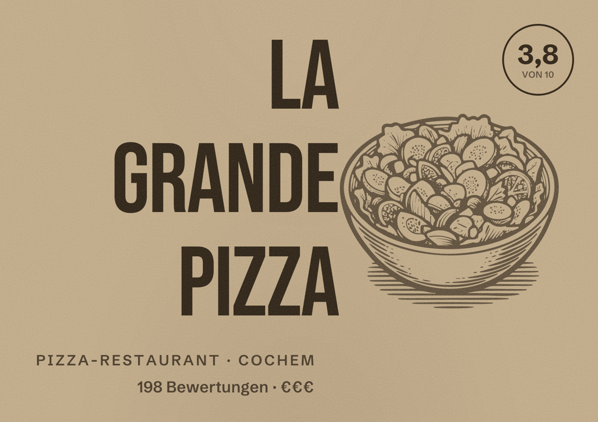 Illustriertes Poster von La grande pizza, Pizza-Restaurant in Cochem: Bewertung 3,8 von 10 aus 198 Bewertungen, Preisniveau €€€