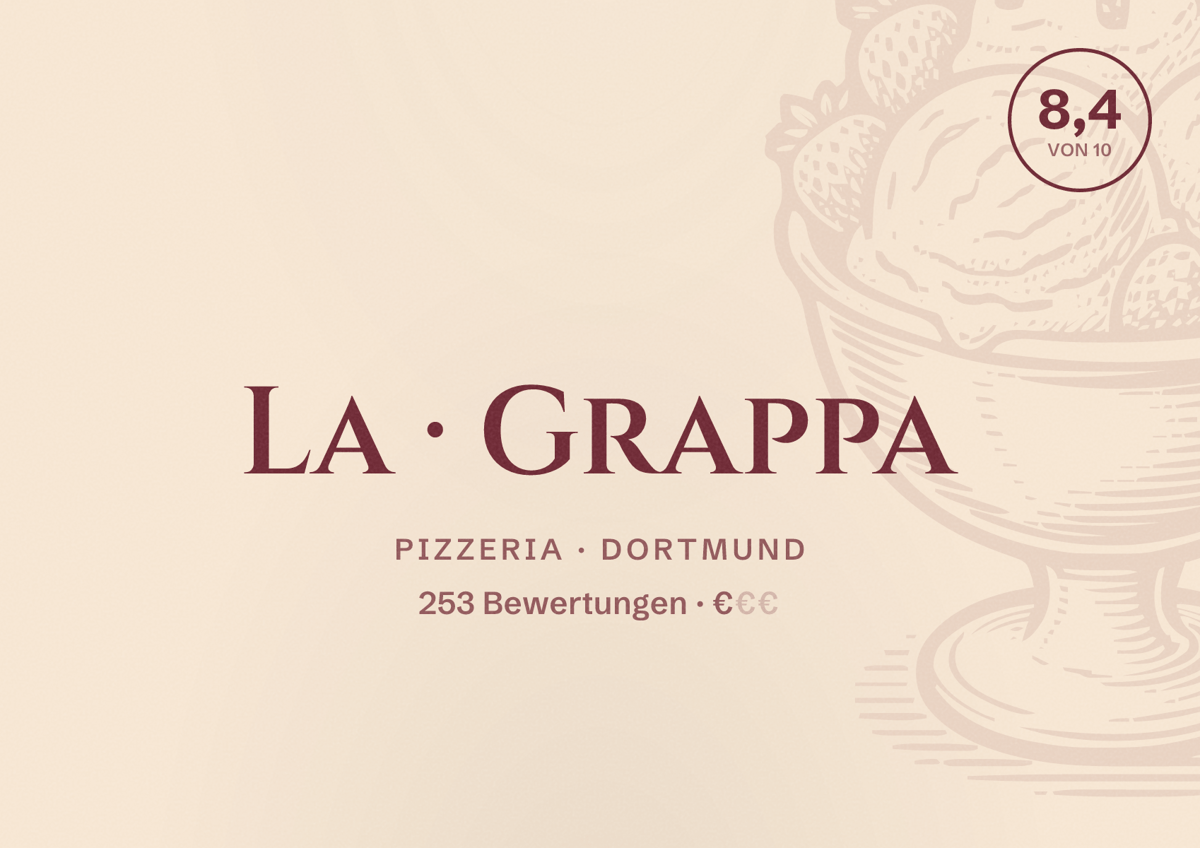 Illustriertes Poster von La Grappa, Pizzeria in Dortmund: Bewertung 8,4 von 10 aus 253 Bewertungen, Preisniveau €