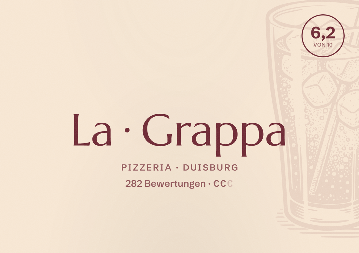 Illustriertes Poster von La Grappa, Pizzeria in Duisburg: Bewertung 6,2 von 10 aus 282 Bewertungen, Preisniveau €€