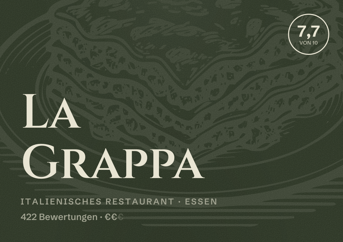 Illustriertes Poster von La Grappa, Italienisches Restaurant in Essen: Bewertung 7,7 von 10 aus 422 Bewertungen, Preisniveau €€