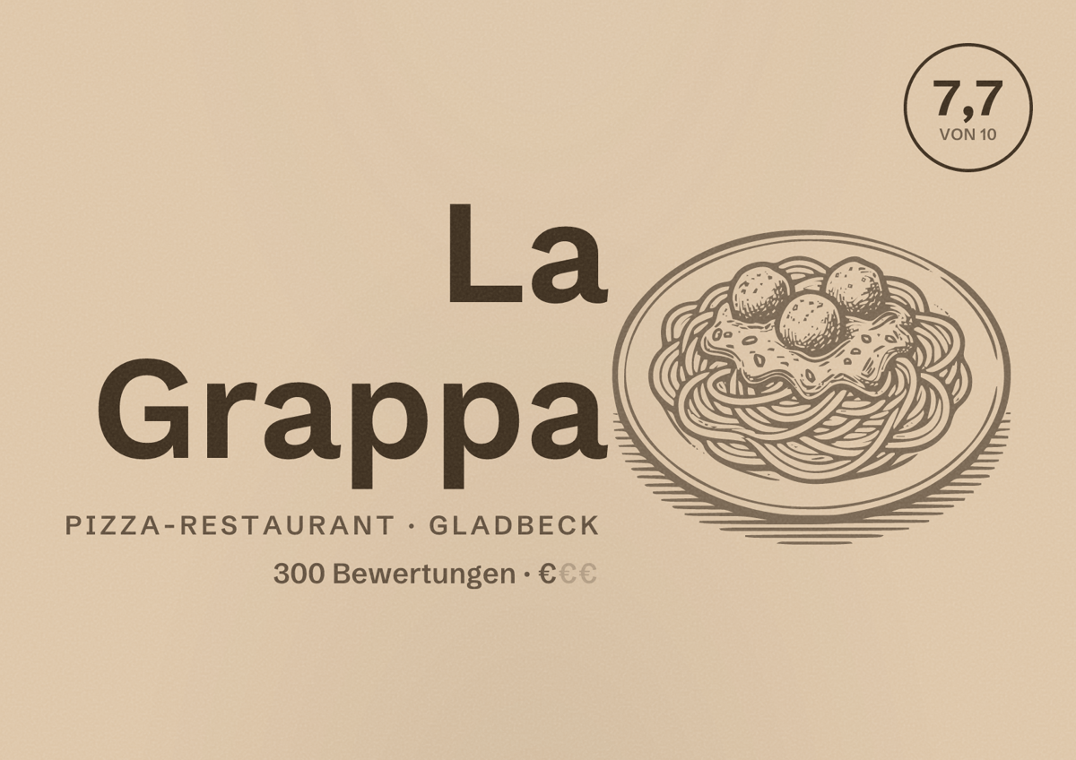 Illustriertes Poster von La Grappa, Pizza-Restaurant in Gladbeck: Bewertung 7,7 von 10 aus 300 Bewertungen, Preisniveau €