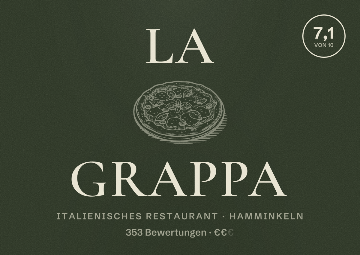 Illustriertes Poster von La Grappa, Italienisches Restaurant in Hamminkeln: Bewertung 7,1 von 10 aus 353 Bewertungen, Preisniveau €€