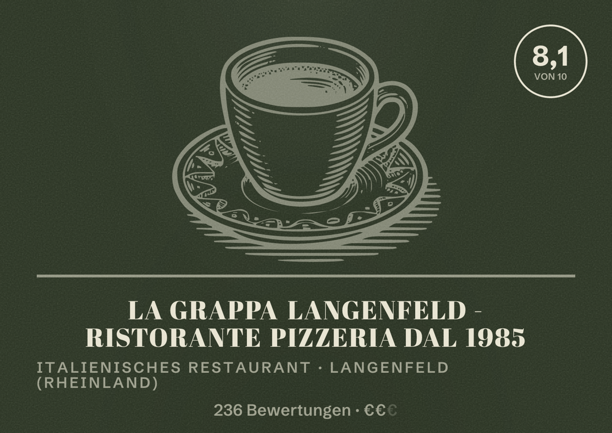 Illustriertes Poster von La Grappa Langenfeld - Ristorante Pizzeria dal 1985, Italienisches Restaurant in Langenfeld (Rheinland): Bewertung 8,1 von 10 aus 236 Bewertungen, Preisniveau €€