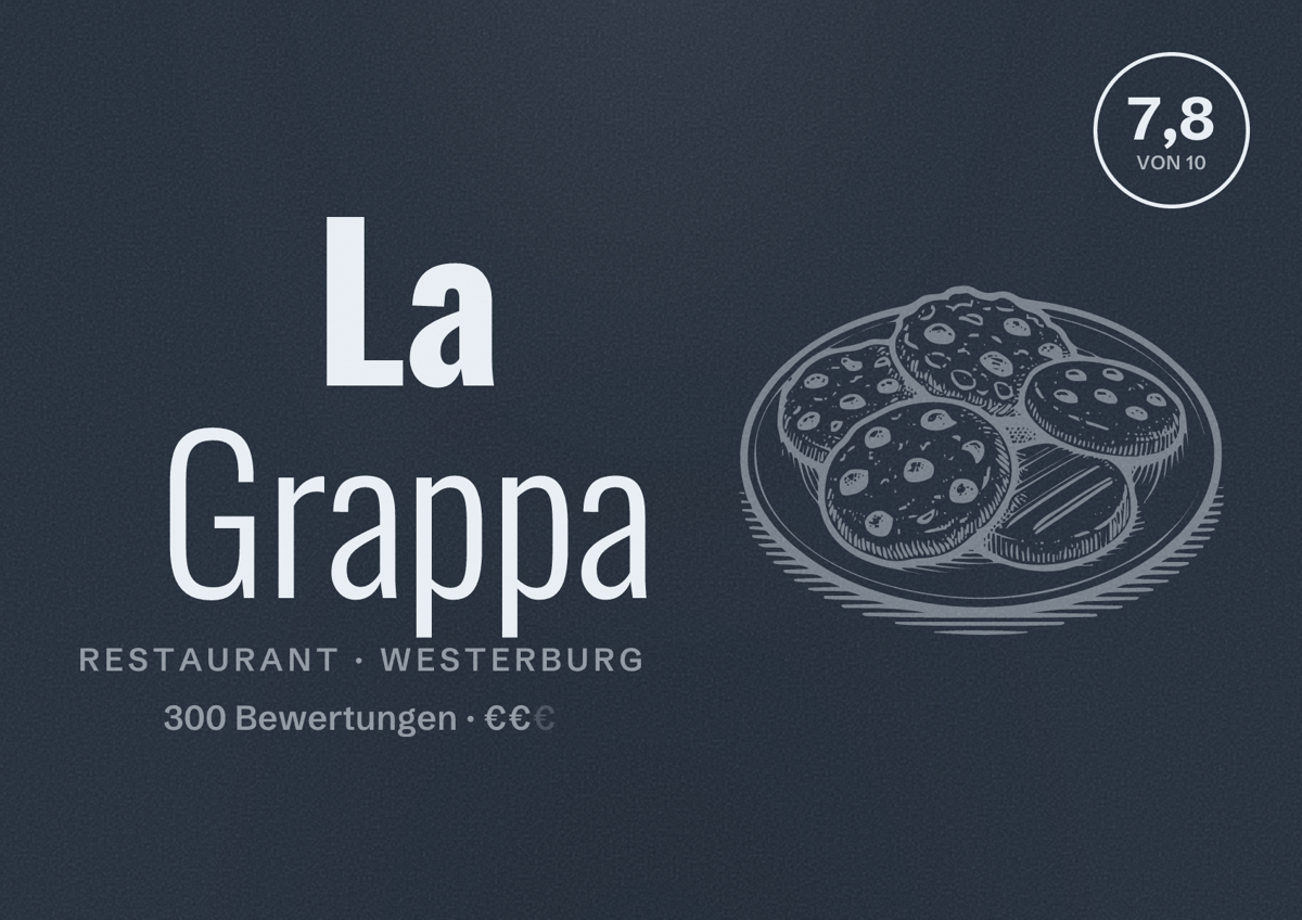 Illustriertes Poster von La Grappa, Restaurant in Westerburg: Bewertung 7,8 von 10 aus 300 Bewertungen, Preisniveau €€