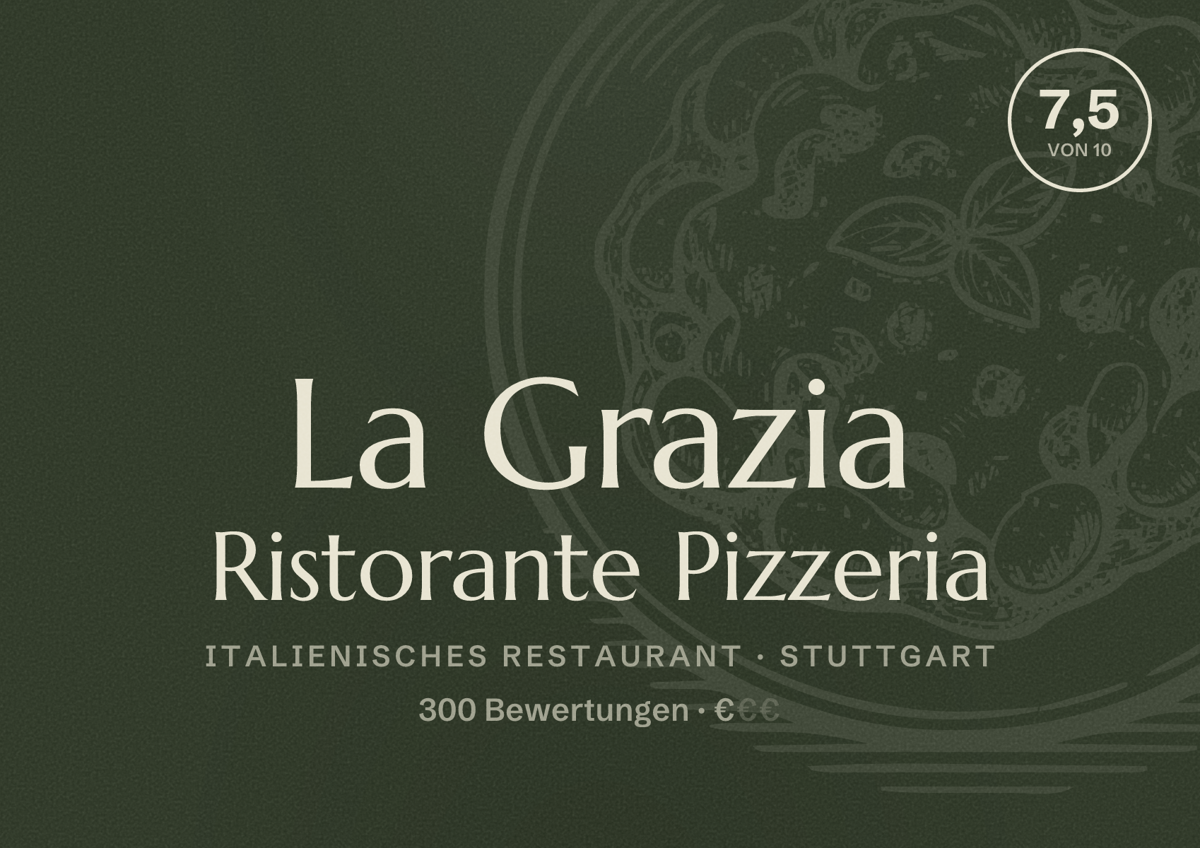 Illustriertes Poster von La Grazia Ristorante Pizzeria, Italienisches Restaurant in Stuttgart: Bewertung 7,5 von 10 aus 300 Bewertungen, Preisniveau €