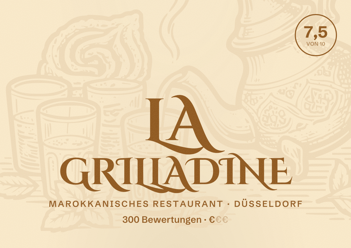 Illustriertes Poster von La Grilladine, Marokkanisches Restaurant in Düsseldorf: Bewertung 7,5 von 10 aus 300 Bewertungen, Preisniveau €