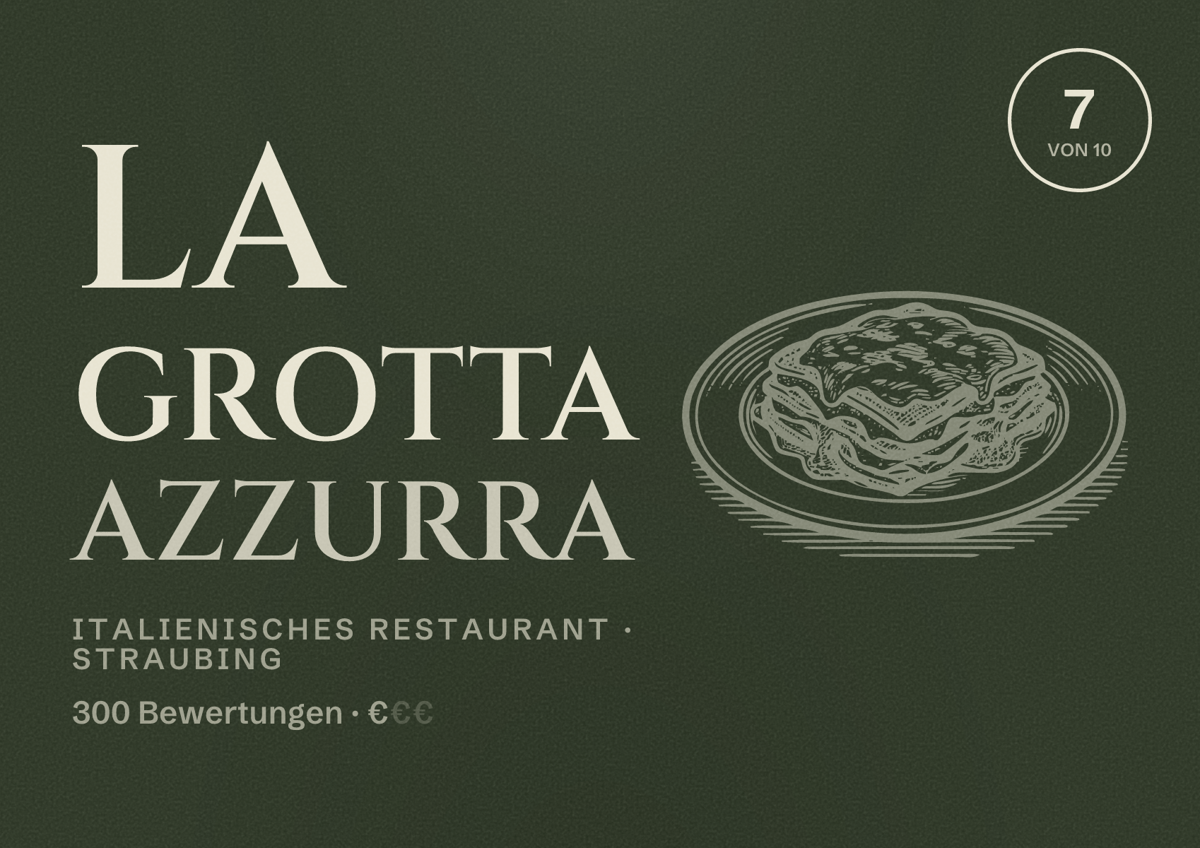 Illustriertes Poster von La Grotta Azzurra, Italienisches Restaurant in Straubing: Bewertung 7 von 10 aus 300 Bewertungen, Preisniveau €