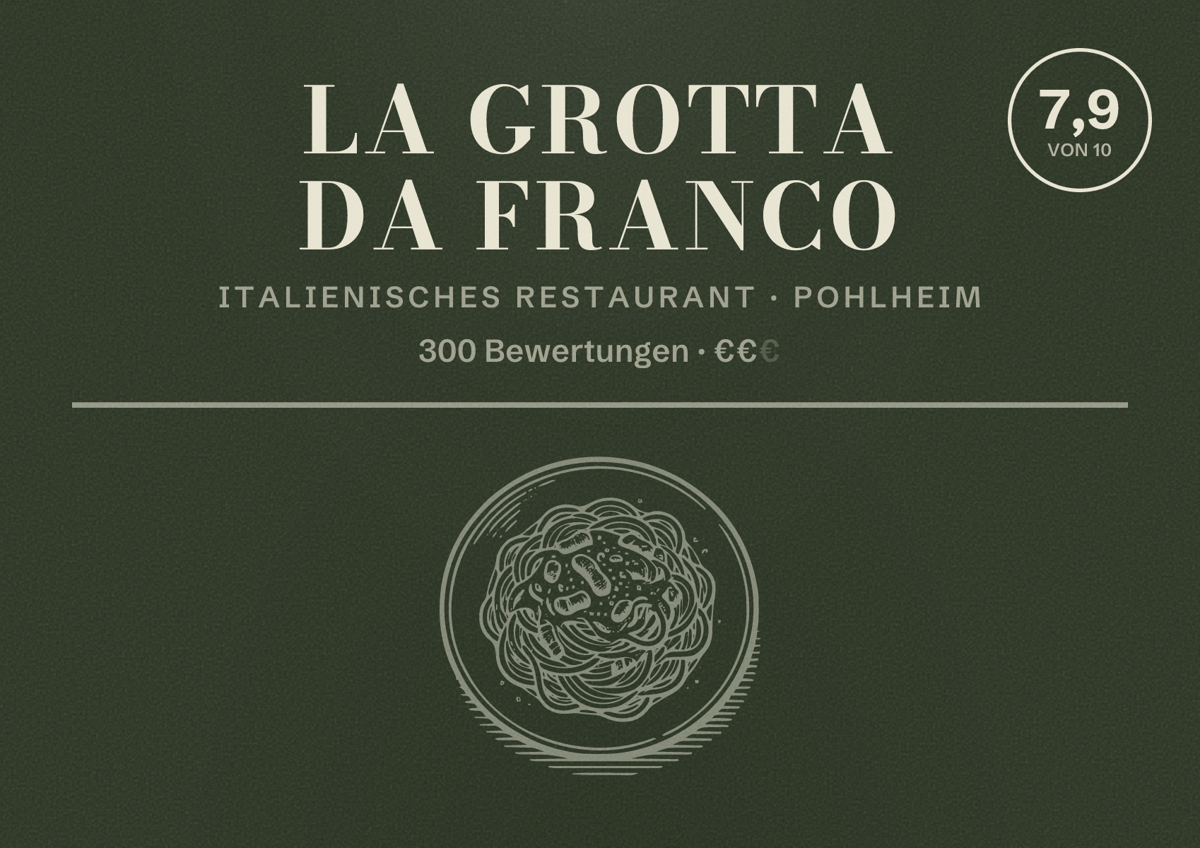 Illustriertes Poster von La Grotta Da Franco, Italienisches Restaurant in Pohlheim: Bewertung 7,9 von 10 aus 300 Bewertungen, Preisniveau €€