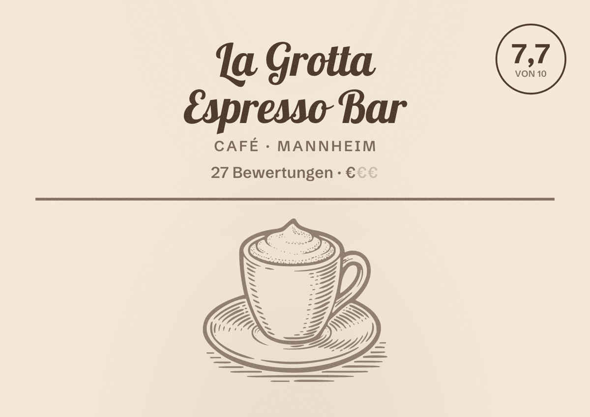 Illustriertes Poster von La Grotta Espresso Bar, Café in Mannheim: Bewertung 7,7 von 10 aus 27 Bewertungen, Preisniveau €