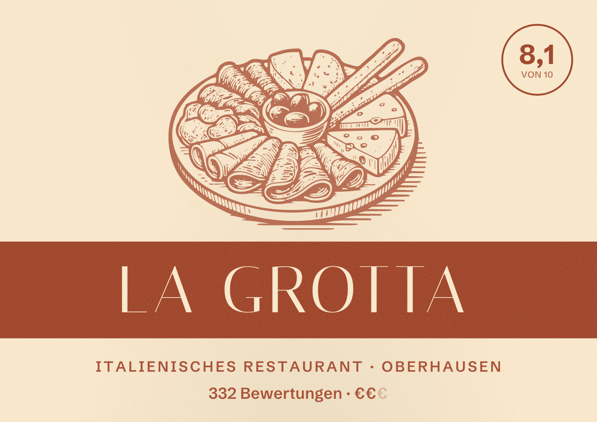Illustriertes Poster von La Grotta, Italienisches Restaurant in Oberhausen: Bewertung 8,1 von 10 aus 332 Bewertungen, Preisniveau €€
