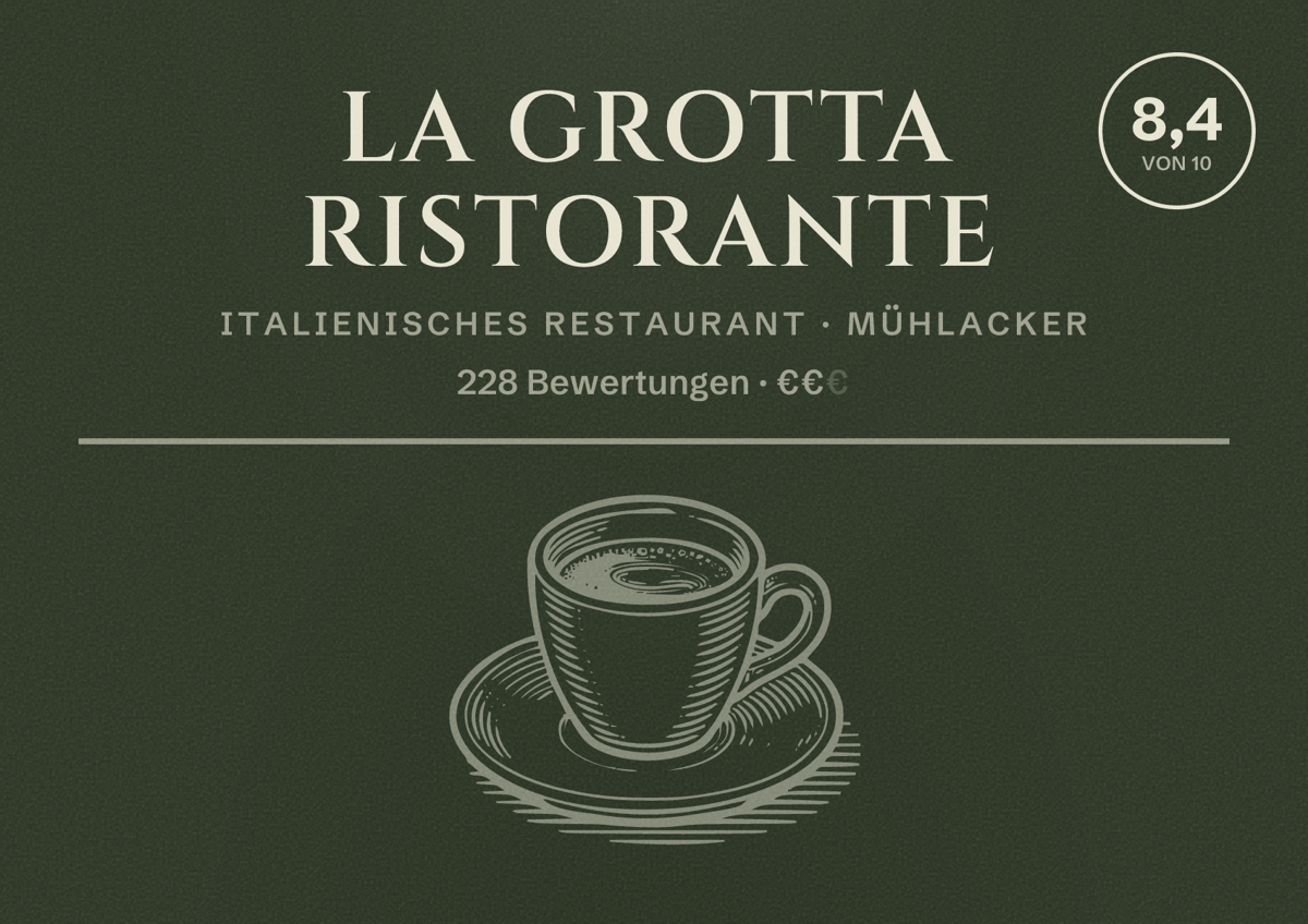 Illustriertes Poster von La Grotta Ristorante, Italienisches Restaurant in Mühlacker: Bewertung 8,4 von 10 aus 228 Bewertungen, Preisniveau €€