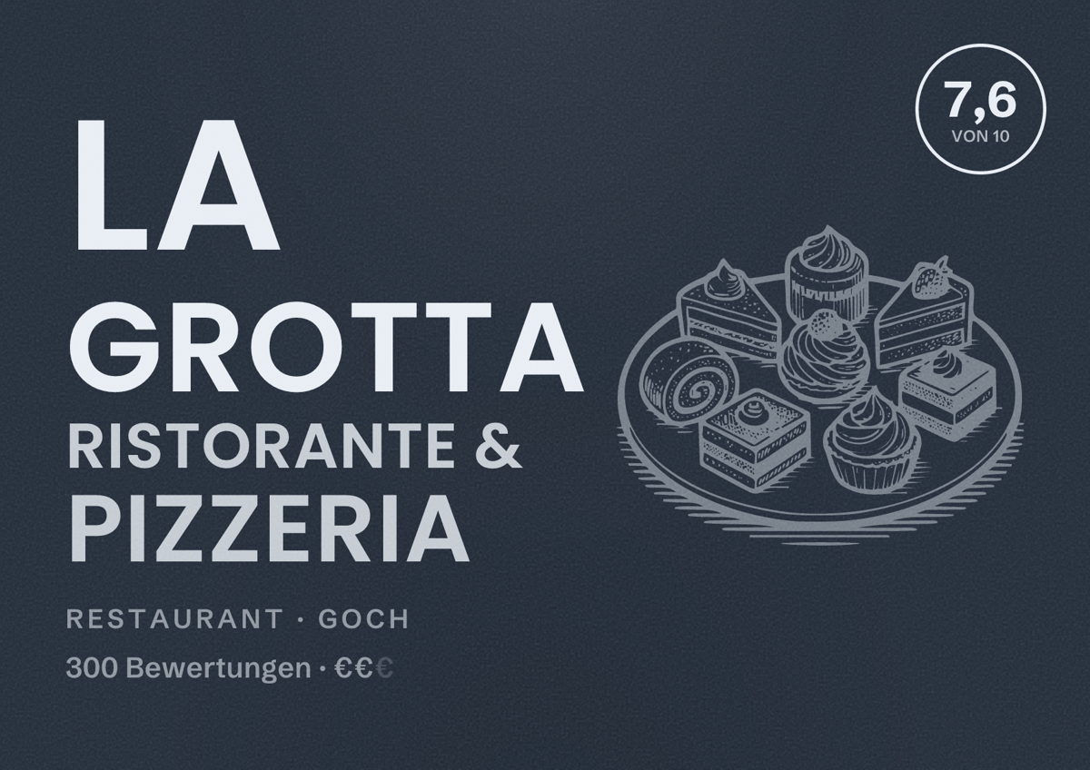 Illustriertes Poster von La Grotta Ristorante & Pizzeria, Restaurant in Goch: Bewertung 7,6 von 10 aus 300 Bewertungen, Preisniveau €€