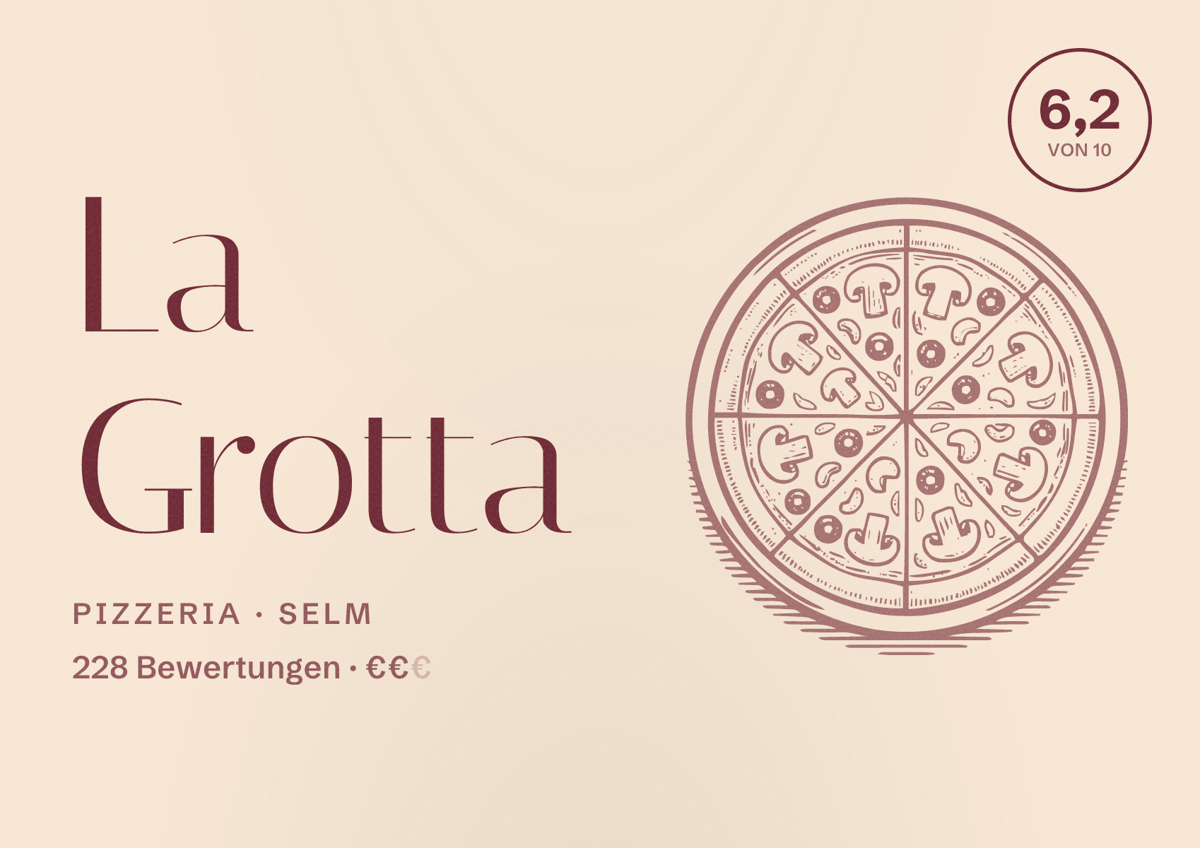 Illustriertes Poster von La Grotta, Pizzeria in Selm: Bewertung 6,2 von 10 aus 228 Bewertungen, Preisniveau €€