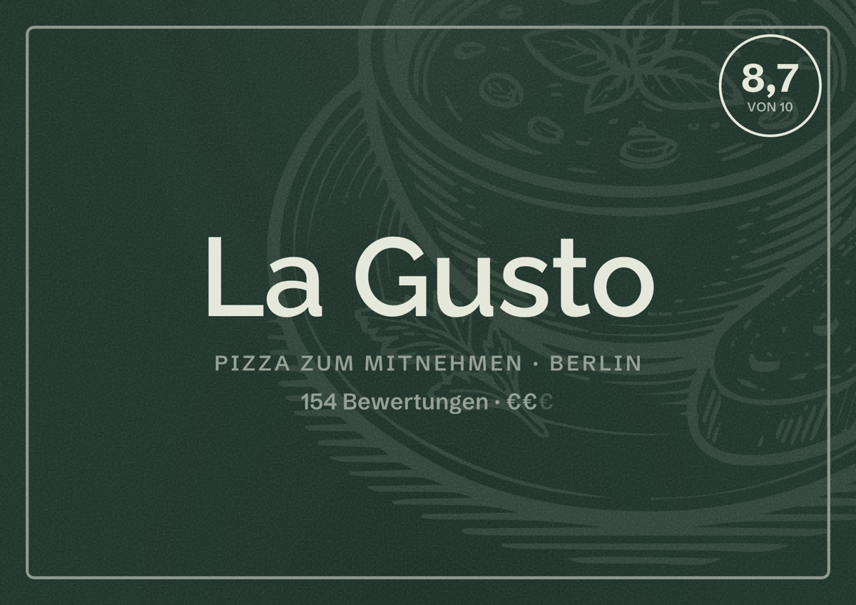Illustriertes Poster von La Gusto, Pizza zum Mitnehmen in Berlin: Bewertung 8,7 von 10 aus 154 Bewertungen, Preisniveau €€