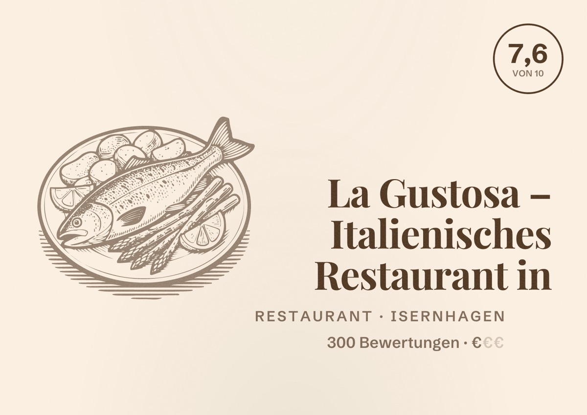 Illustriertes Poster von La Gustosa – Italienisches Restaurant in, Restaurant in Isernhagen: Bewertung 7,6 von 10 aus 300 Bewertungen, Preisniveau €