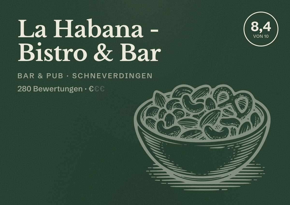 Illustriertes Poster von La Habana - Bistro & Bar, Bar & Pub in Schneverdingen: Bewertung 8,4 von 10 aus 280 Bewertungen, Preisniveau €