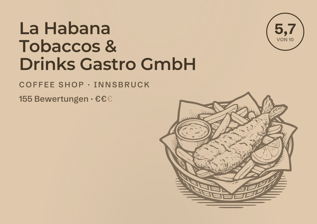 Illustriertes Poster von La Habana Tobaccos & Drinks Gastro GmbH, Coffee Shop in Innsbruck: Bewertung 5,7 von 10 aus 155 Bewertungen, Preisniveau €€