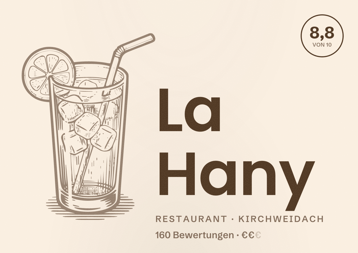 Illustriertes Poster von La Hany, Restaurant in Kirchweidach: Bewertung 8,8 von 10 aus 160 Bewertungen, Preisniveau €€