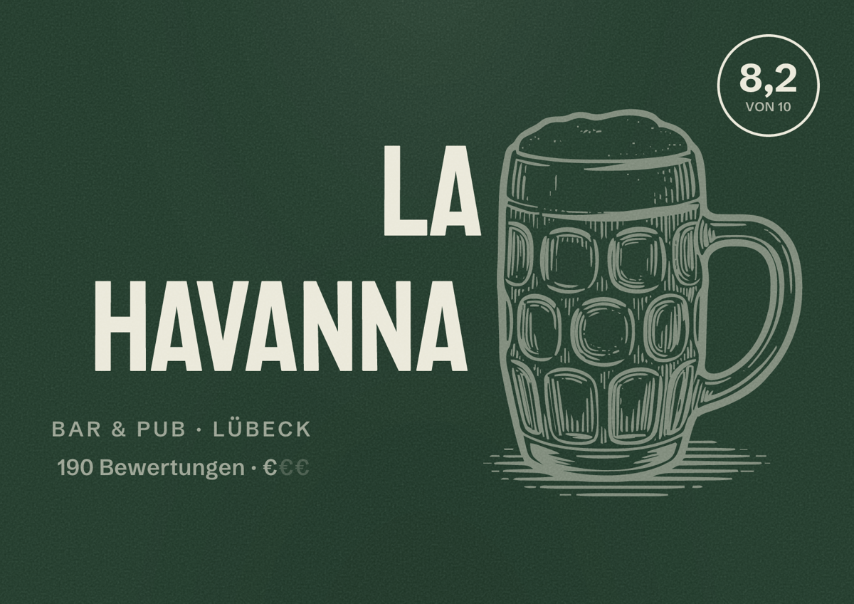 Illustriertes Poster von La Havanna, Bar & Pub in Lübeck: Bewertung 8,2 von 10 aus 190 Bewertungen, Preisniveau €