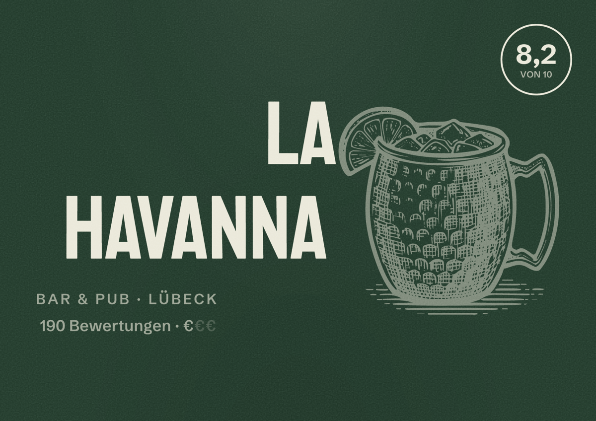 Illustriertes Poster von La Havanna, Bar & Pub in Lübeck: Bewertung 8,2 von 10 aus 190 Bewertungen, Preisniveau €