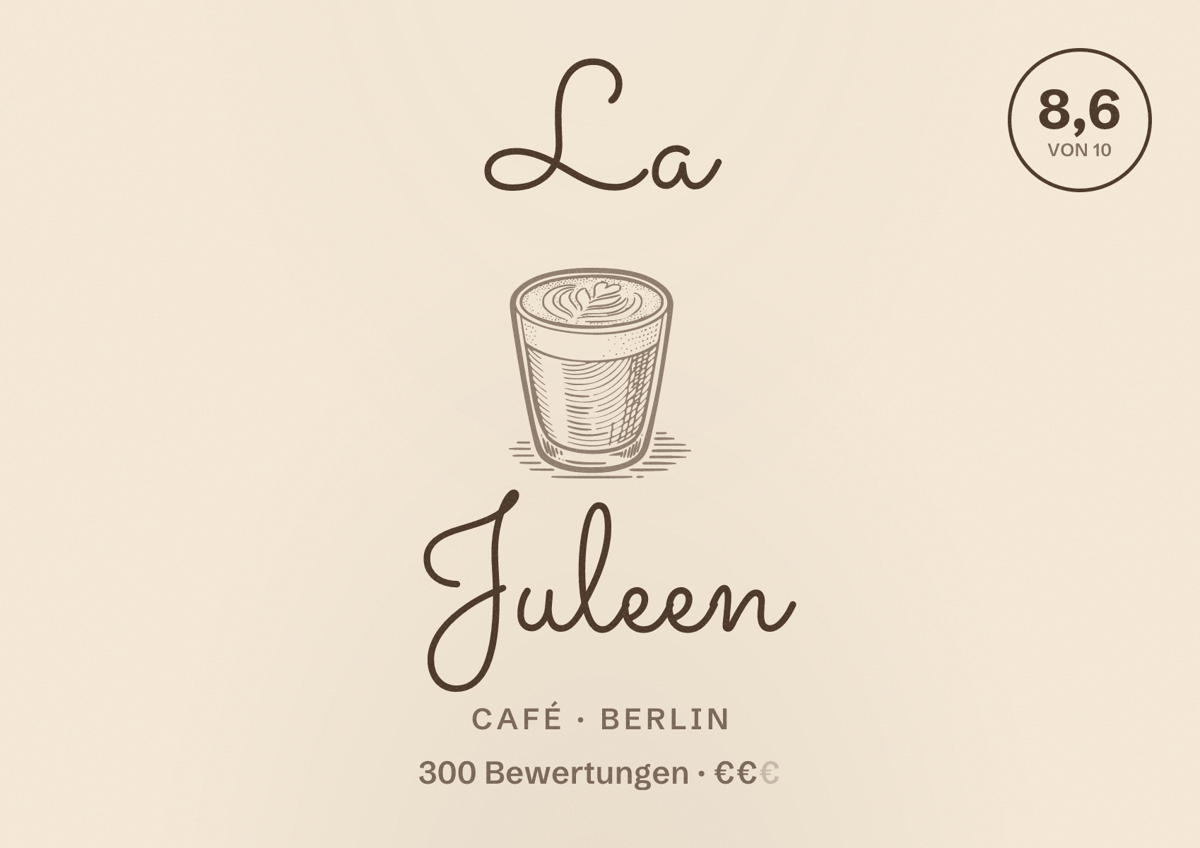 Illustriertes Poster von La Juleen, Café in Berlin: Bewertung 8,6 von 10 aus 300 Bewertungen, Preisniveau €€