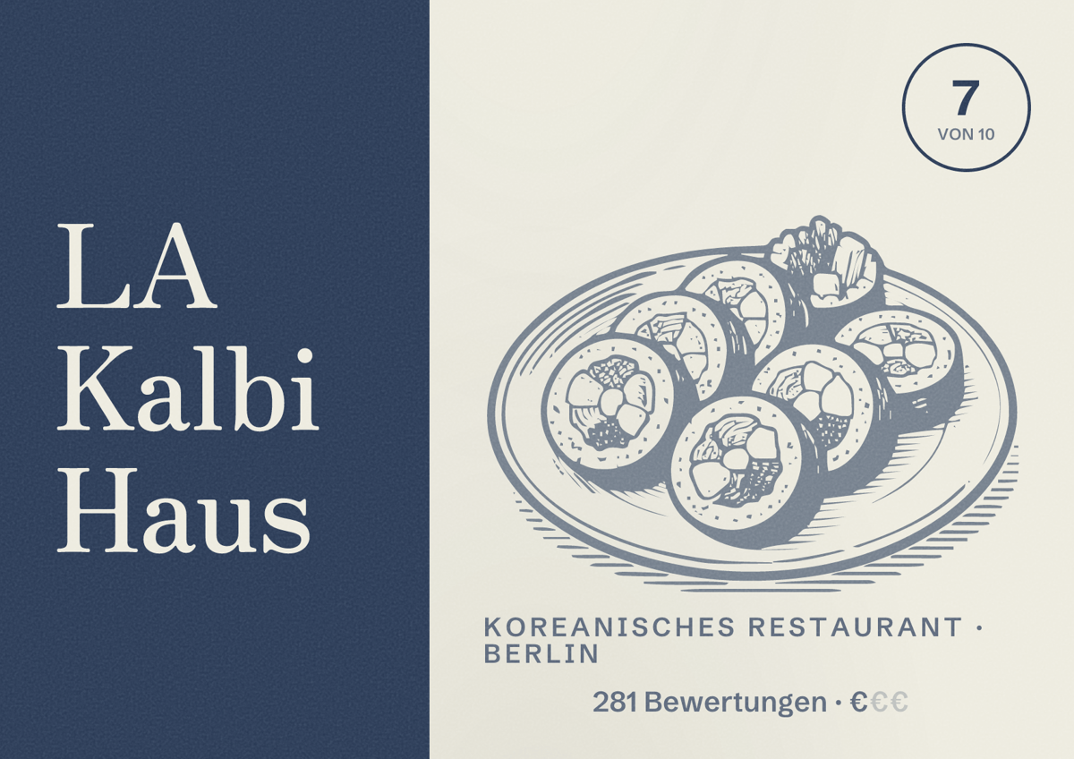 Illustriertes Poster von LA Kalbi Haus, Koreanisches Restaurant in Berlin: Bewertung 7,0 von 10 aus 281 Bewertungen, Preisniveau €