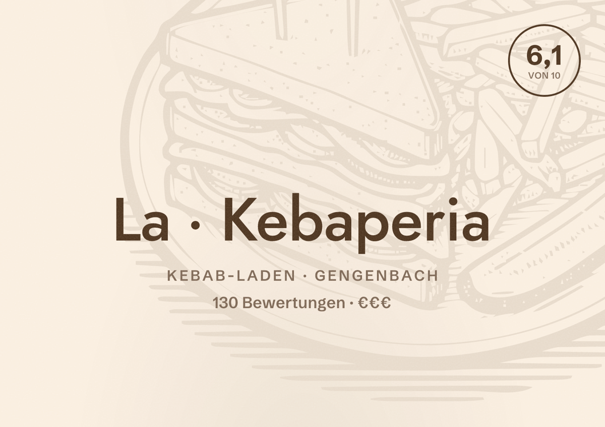 Illustriertes Poster von La Kebaperia, Kebab-Laden in Gengenbach: Bewertung 6,1 von 10 aus 130 Bewertungen, Preisniveau €€€