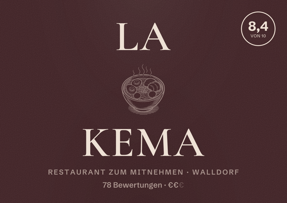 Illustriertes Poster von la kema, Restaurant zum Mitnehmen in Walldorf: Bewertung 8,4 von 10 aus 78 Bewertungen, Preisniveau €€