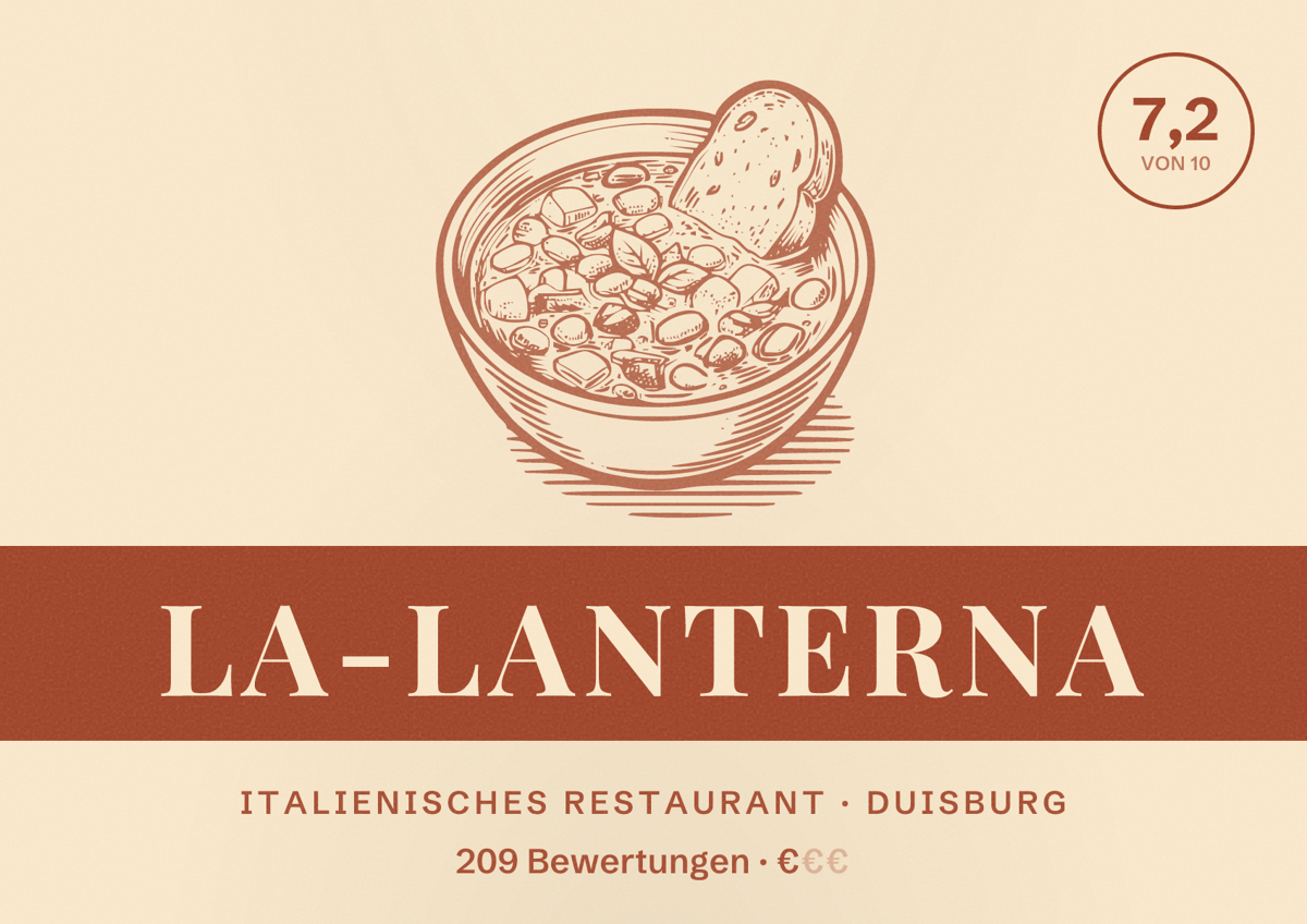 Illustriertes Poster von La-Lanterna, Italienisches Restaurant in Duisburg: Bewertung 7,2 von 10 aus 209 Bewertungen, Preisniveau €