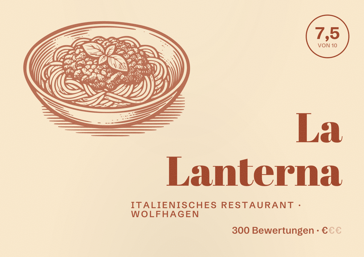 Illustriertes Poster von La Lanterna, Italienisches Restaurant in Wolfhagen: Bewertung 7,5 von 10 aus 300 Bewertungen, Preisniveau €