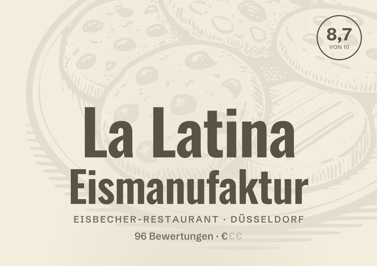 Illustriertes Poster von La Latina Eismanufaktur, Eisbecher-Restaurant in Düsseldorf: Bewertung 8,7 von 10 aus 96 Bewertungen, Preisniveau €