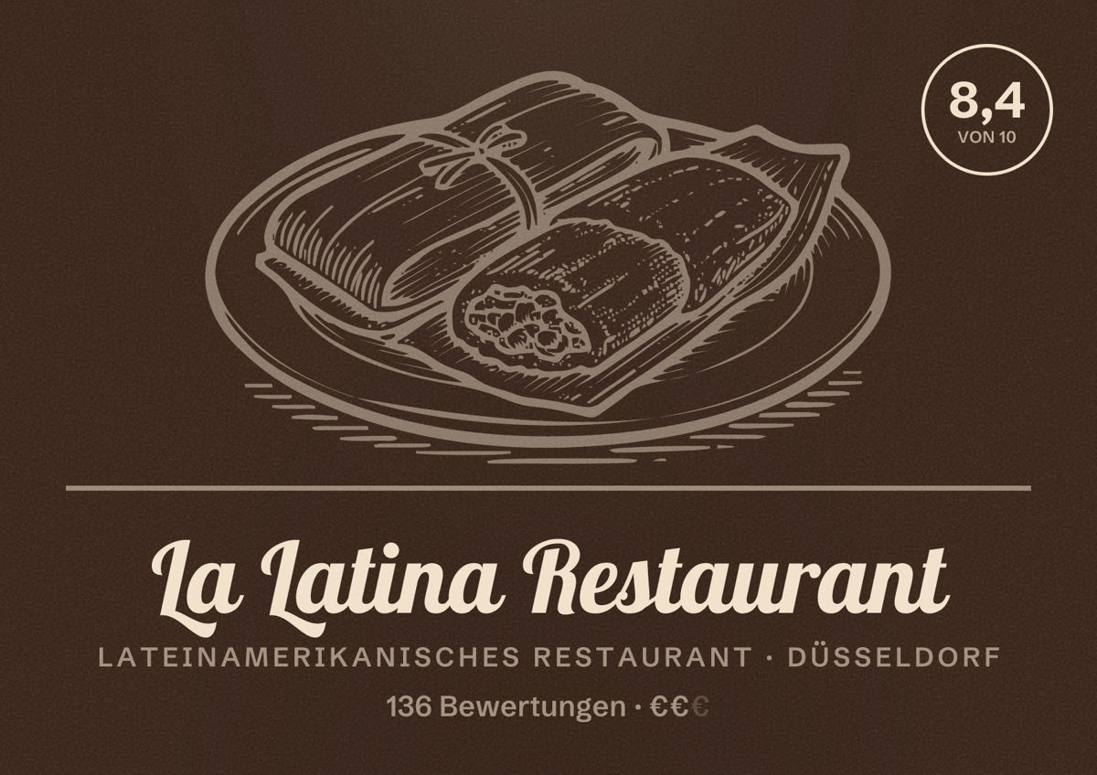 Illustriertes Poster von La Latina Restaurant, Lateinamerikanisches Restaurant in Düsseldorf: Bewertung 8,4 von 10 aus 136 Bewertungen, Preisniveau €€