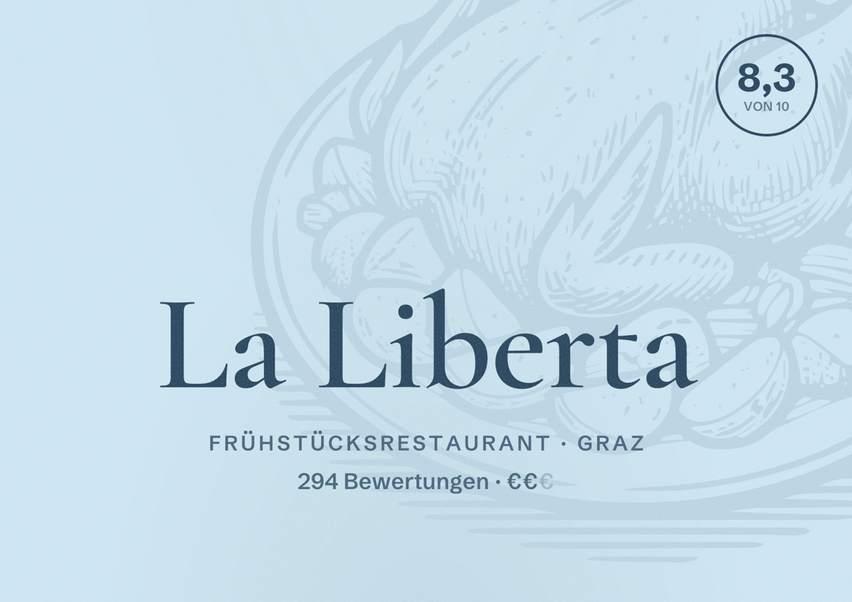 Illustriertes Poster von La Liberta, Frühstücksrestaurant in Graz: Bewertung 8,3 von 10 aus 294 Bewertungen, Preisniveau €€