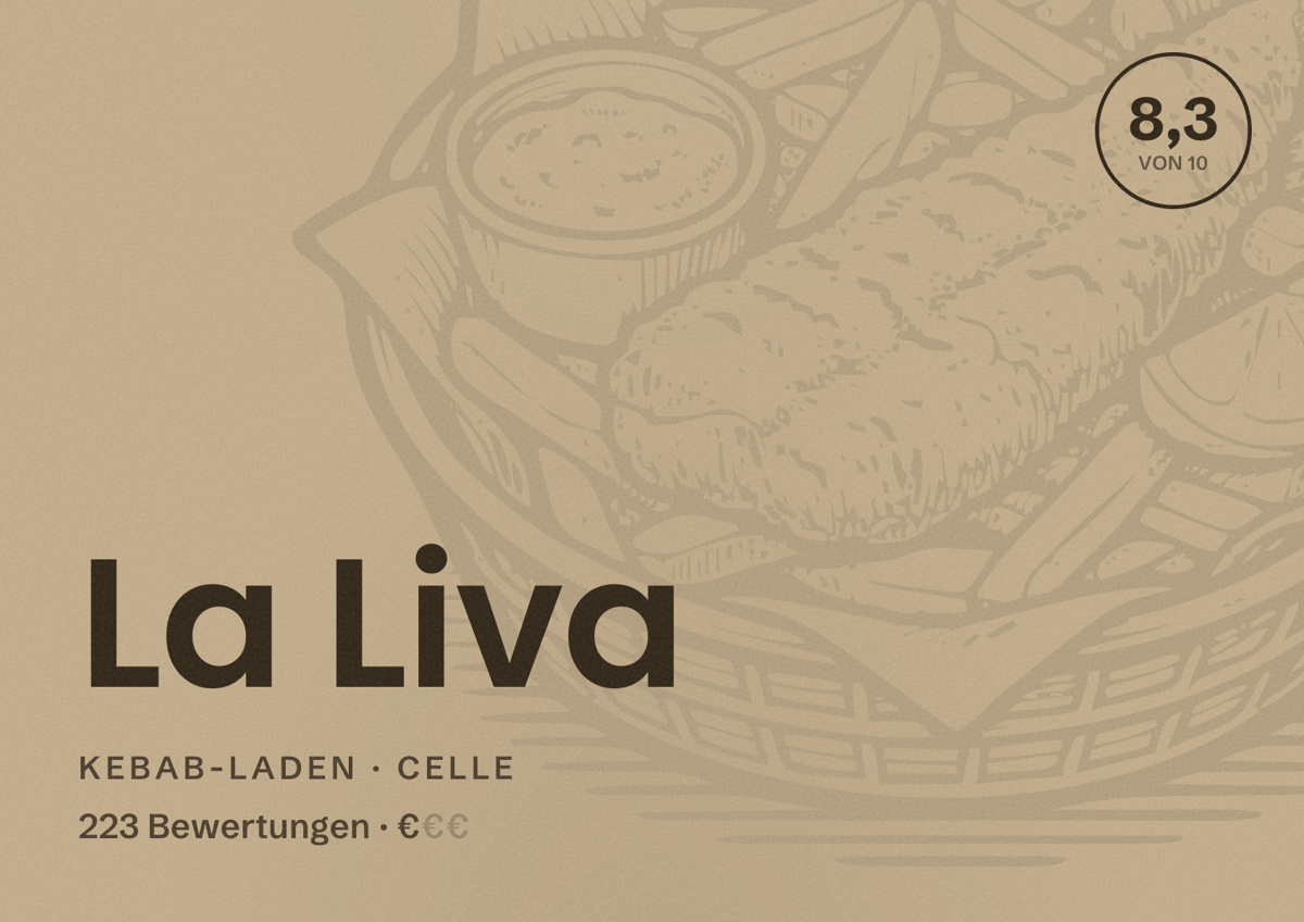 Illustriertes Poster von La Liva, Kebab-Laden in Celle: Bewertung 8,3 von 10 aus 223 Bewertungen, Preisniveau €