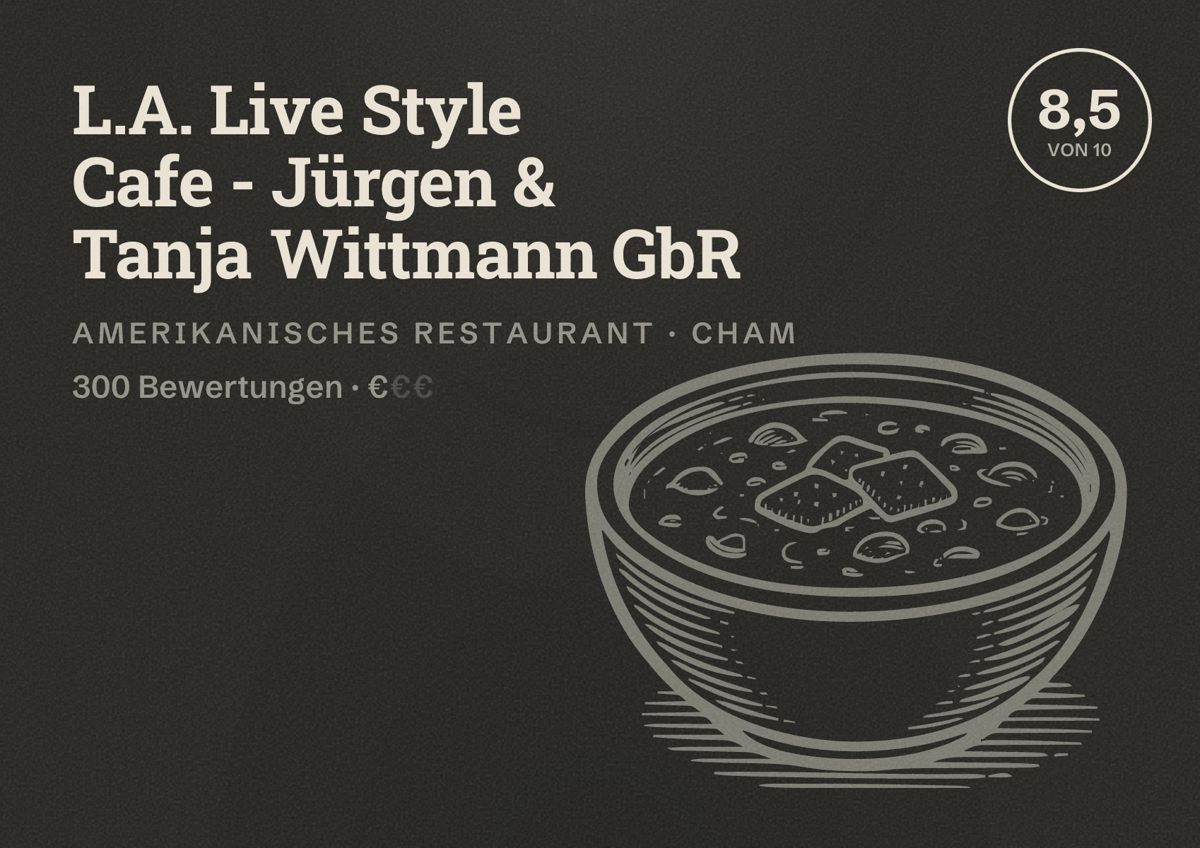 Illustriertes Poster von L.A. Live Style Cafe - Jürgen & Tanja Wittmann GbR, Amerikanisches Restaurant in Cham: Bewertung 8,5 von 10 aus 300 Bewertungen, Preisniveau €