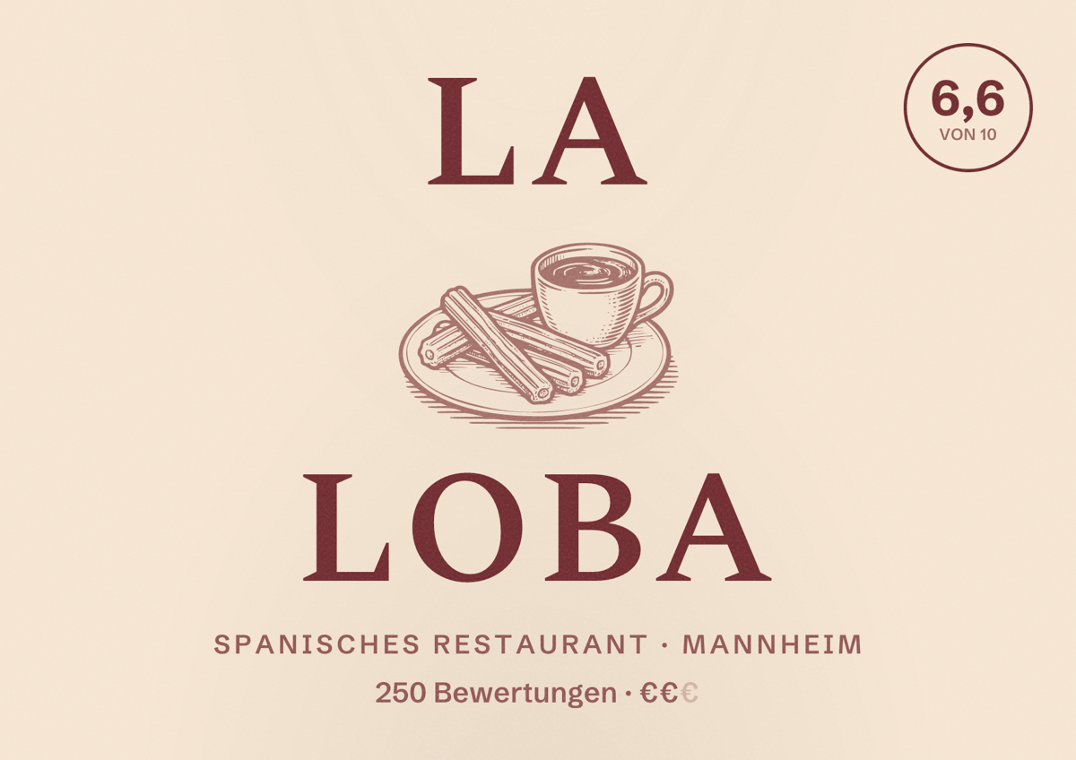 Illustriertes Poster von La Loba, Spanisches Restaurant in Mannheim: Bewertung 6,6 von 10 aus 250 Bewertungen, Preisniveau €€