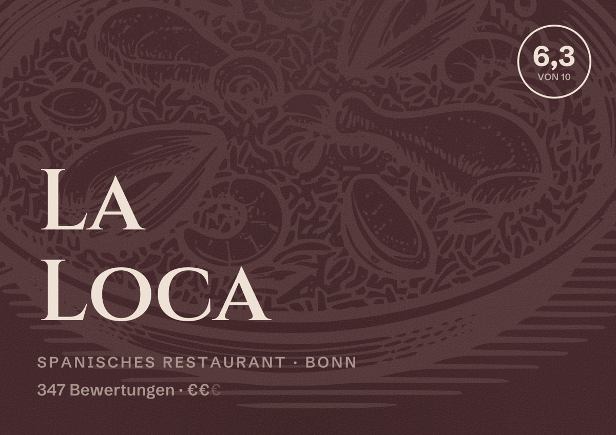 Illustriertes Poster von La Loca, Spanisches Restaurant in Bonn: Bewertung 6,3 von 10 aus 347 Bewertungen, Preisniveau €€