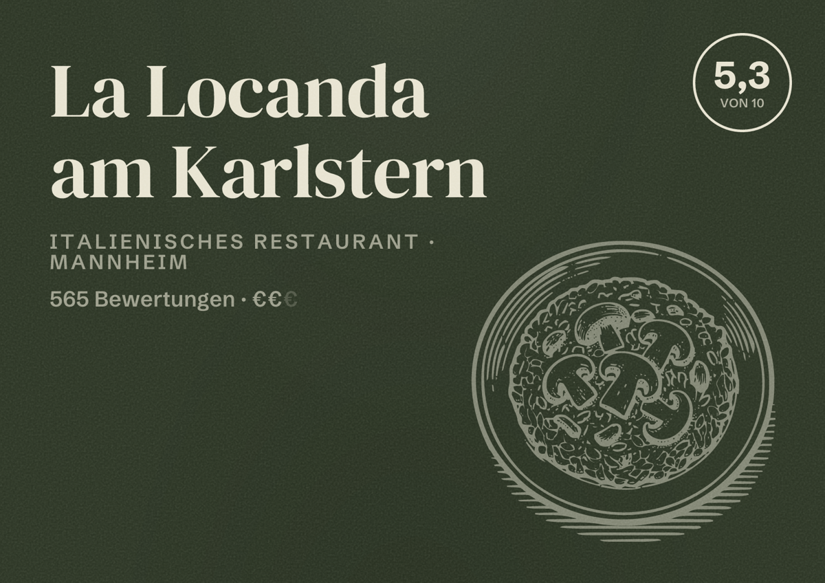 Illustriertes Poster von La Locanda am Karlstern, Italienisches Restaurant in Mannheim: Bewertung 5,3 von 10 aus 565 Bewertungen, Preisniveau €€