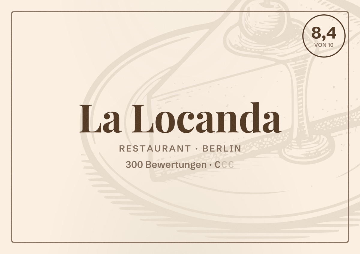 Illustriertes Poster von La Locanda, Restaurant in Berlin: Bewertung 8,4 von 10 aus 300 Bewertungen, Preisniveau €