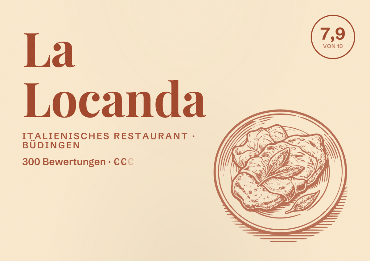 Illustriertes Poster von La Locanda, Italienisches Restaurant in Büdingen: Bewertung 7,9 von 10 aus 300 Bewertungen, Preisniveau €€