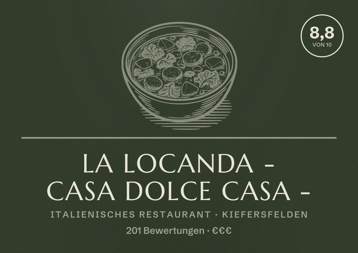 Illustriertes Poster von La LOCANDA - Casa Dolce Casa -, Italienisches Restaurant in Kiefersfelden: Bewertung 8,8 von 10 aus 201 Bewertungen, Preisniveau €€€