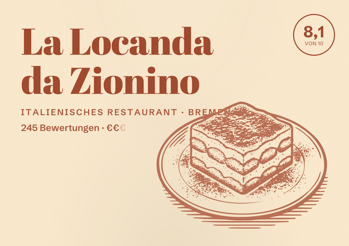 Illustriertes Poster von La Locanda da Zionino, Italienisches Restaurant in Bremen: Bewertung 8,1 von 10 aus 245 Bewertungen, Preisniveau €€